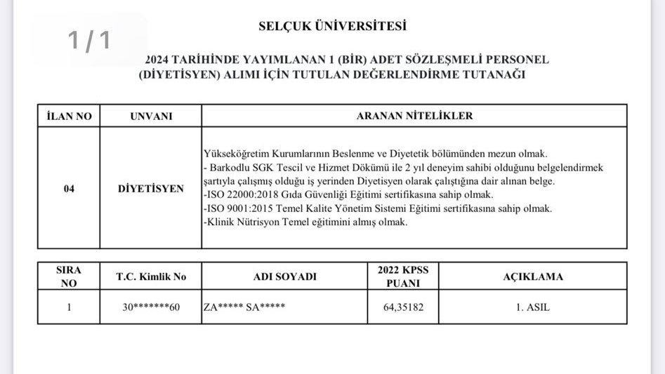 Selçuk Üniversitesi'nin açtığı diyetisyen kadrosuna KPSS puanı 64 olan bir kişi atandı. 

(Mehmet Andaç)