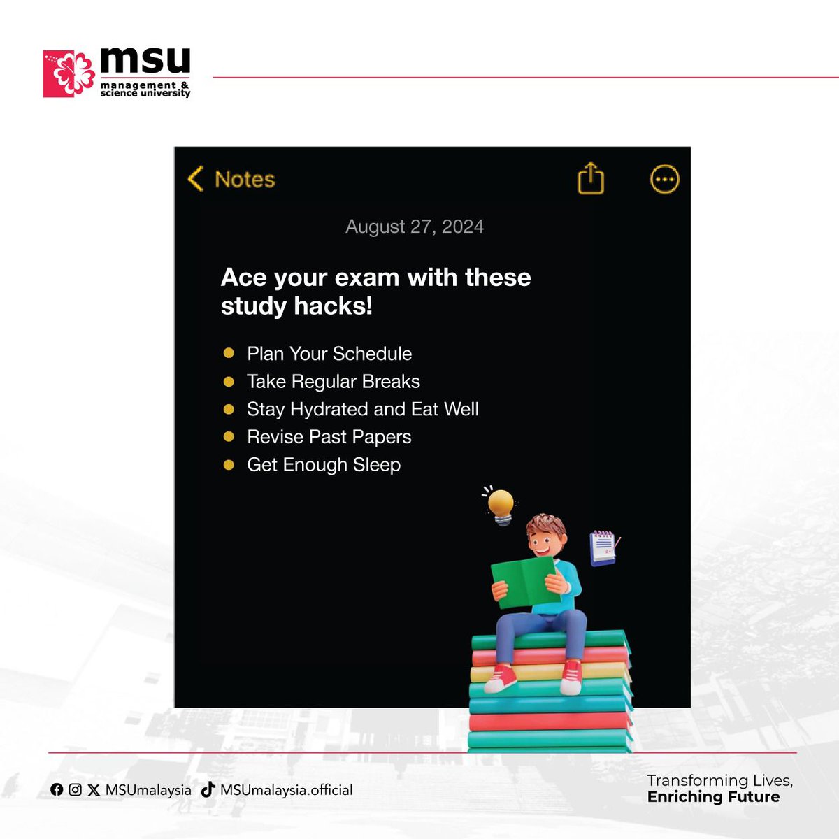 MSUmalaysia's tweet image. Feeling the pressure of exam season? Take a deep breath and try these simple yet effective tips to stay on top of your game. Remember, it is not about cramming—it is about studying smart!

#MSUmalaysia
#TipsTuesday
#ExamPrep 
#UniversityLife