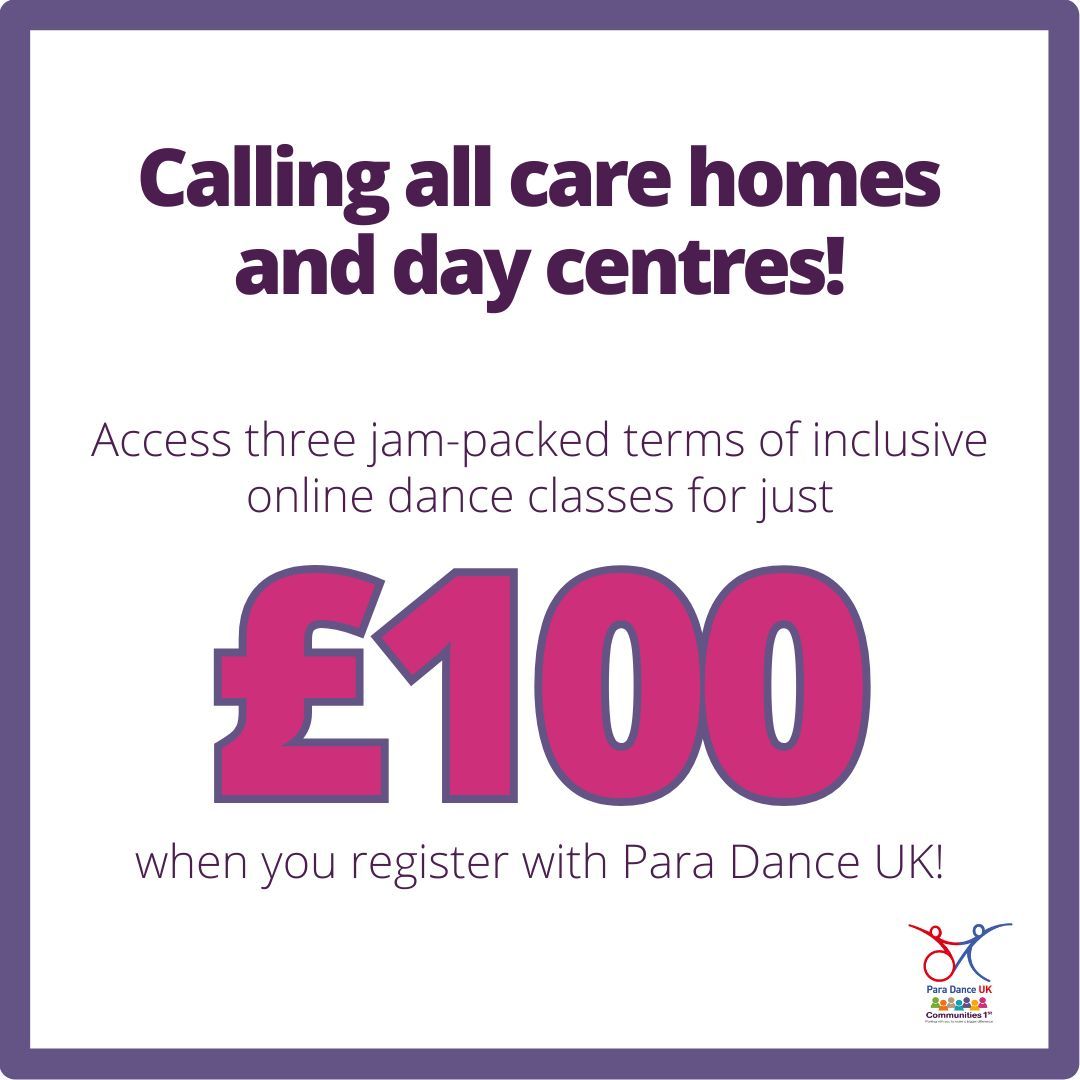 Calling all care homes and day centres! 

Are you searching for fun new activities for your clients to enjoy this autumn? Why not register your organisation for our inclusive dance classes? £100 gives you access to all classes from September - July 2025: buff.ly/3JwmaG9