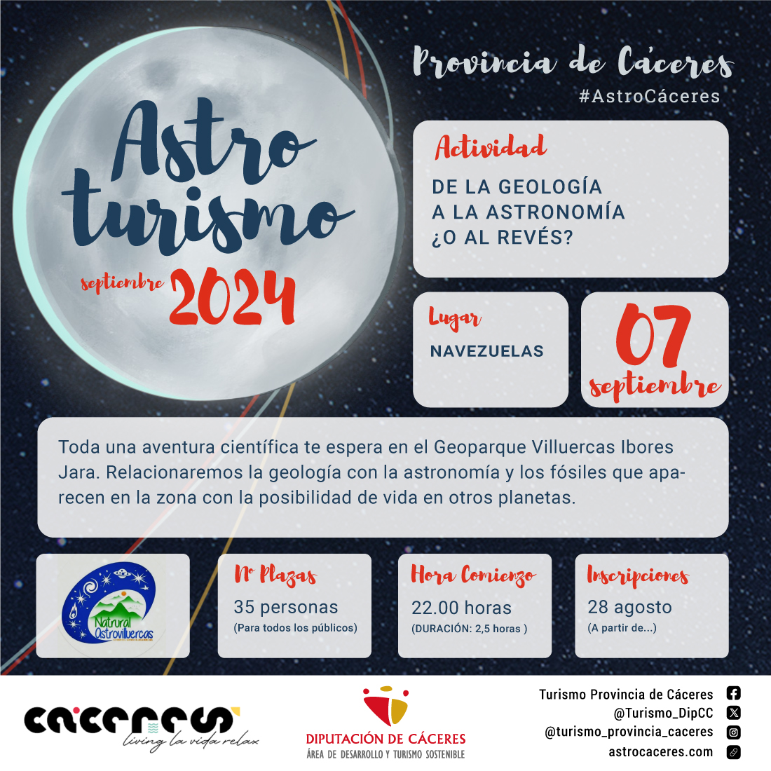 Turismo_DipCC's tweet image. 📅 Mañana 28 de agosto a las 8,00 de la mañana abriremos inscripciones para la actividad de #AstroCáceres2024🔭 en #Navezuelas del próximo 07 de Septiembre, en #GeoparqueVilluercasIboresJara 
Inscríbete 👉forms.gle/XiW3QYgDhQqX7s…
astrocaceres.com
#livinglavidarelax
