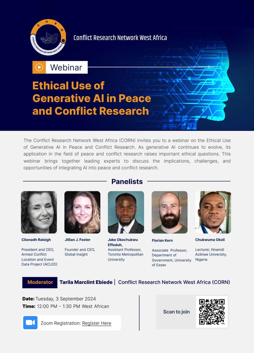 CORN_WestAfrica's tweet photo. We are excited to announce our webinar on the Ethical Use of Generative AI in Peace and Conflict Research! Join us on Sept 3, 12:00 PM WAT.
Register: https://t.co/AE7OWRj3MP

#AI #GenerativeAI #Peacebuilding #ConflictResearch #EthicalAI #Webinar

https://t.co/sRPAGceXlJ https://t.co/sooMfAcmP5