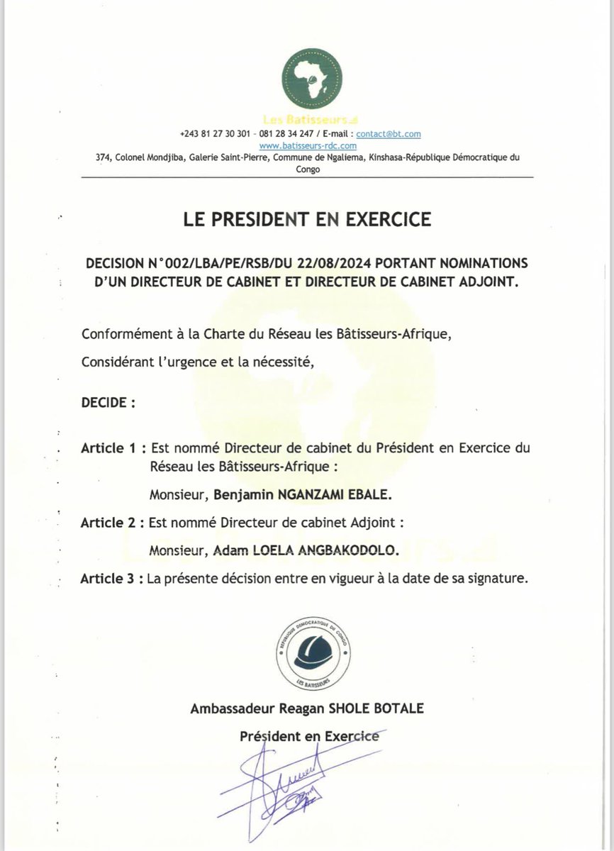 reagan_shole1's tweet photo. Mes Félicitations à Mr @benjaminnga1 et Mr @Adam_Loela07  respectueusement directeur de cabinet et directeur de cabinet adjoint du président en exercice du réseau les Bâtisseurs-Afrique.

Pour l’Afrique et pour sa jeunesse..
Que la lumière nous guide …

#LesRoutes https://t.co/SAjx0lYYRh