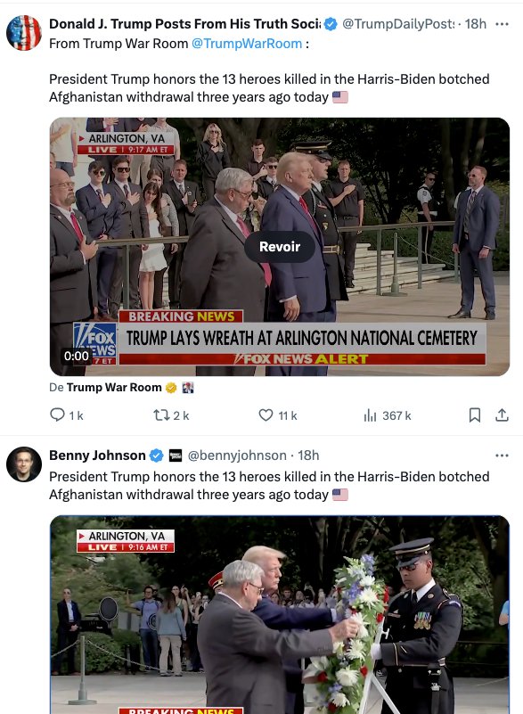 PROPAGANDE OU LIBERTÉ D'EXPRESSION?
Le même sujet au même moment par Trump et un de ses propagandistes. Concerté sans nul doute. X, sans modération, est (devenu) le vecteur idéal pour ça. La lutte d'Elon pour la liberté d'expression… c'est de la Propagande. Ni plus, ni moins.