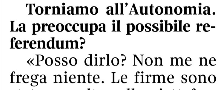 Calderoli: “non me ne frega niente” della richiesta di referendum sull’autonomia differenziata (Corriere)
Un’ottimo motivo per continuare a firmare, online e ai banchetti, fino a settembre inoltrato
