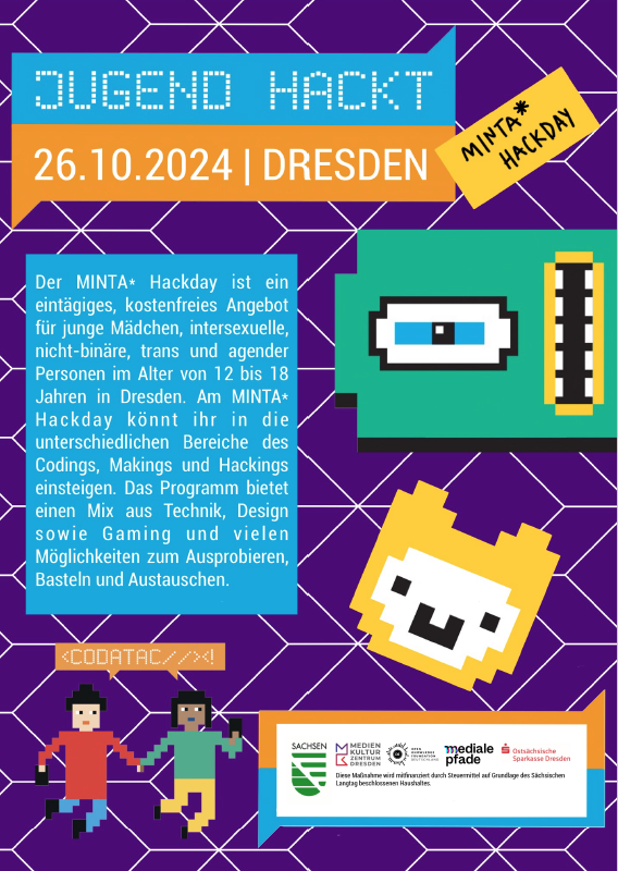 lfdsachsenev's tweet photo. Am 26.10.24 findet der MINTA* Hackday im Kraftwerk Mitte 3 in #Dresden statt.
Wir vom LFD sind in diesem Jahr mit dabei!
Der MINTA* Hackday ist ein eintägiges, kostenfreies Angebot für junge Mädchen*, inter*, nicht-binäre, trans* und agender* Personen im Alter von 12-18 Jahren... https://t.co/pkpMVaWhwE