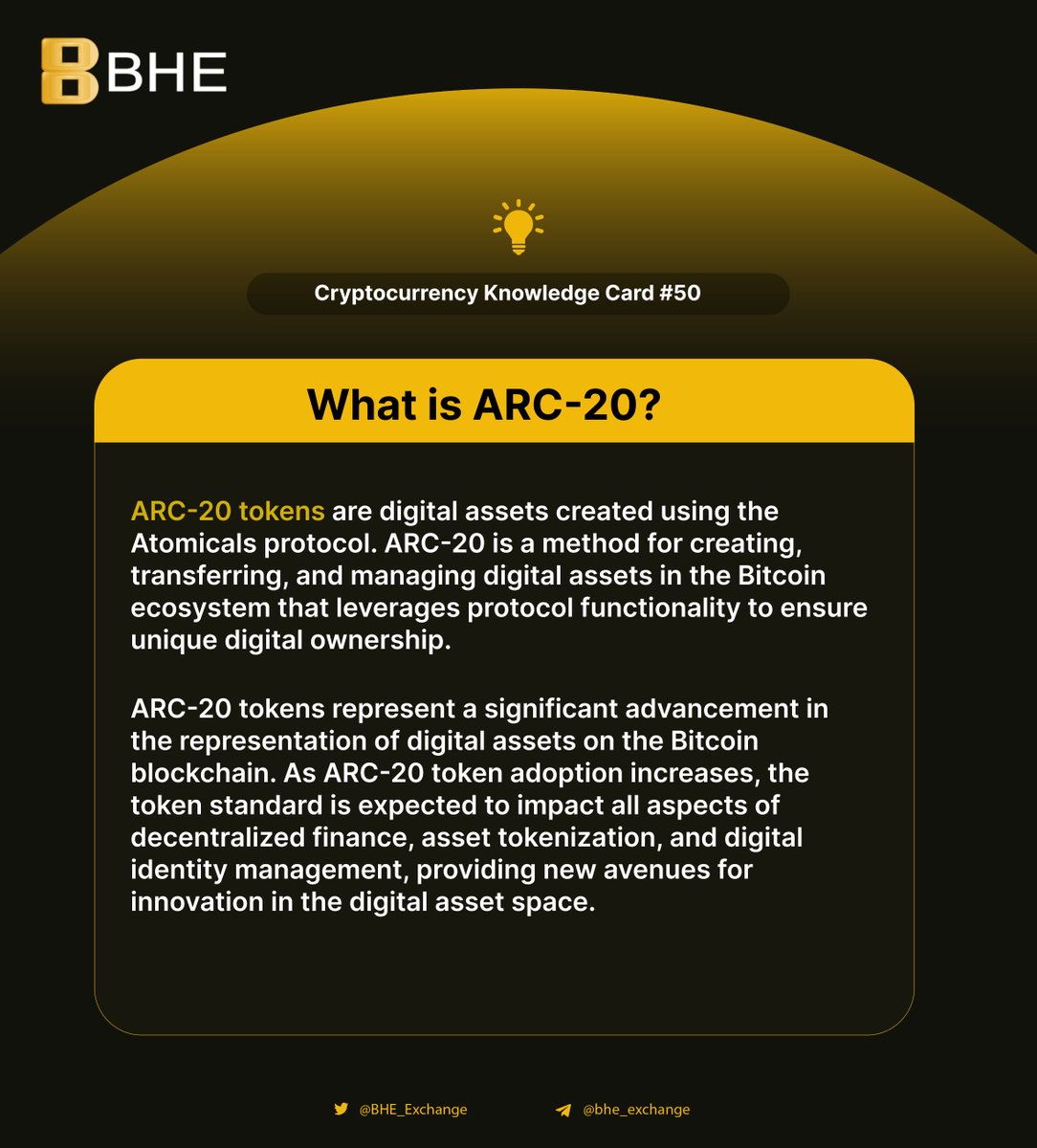 🔍📚 #Cryptocurrency Knowledge Card #50:What is ARC-20?
ARC-20 tokens are digital assets created using the Atomicals protocol. ARC-20 is a method for creating, transferring, and managing digital assets in the Bitcoin ecosystem that leverages protocol functionality to ensure