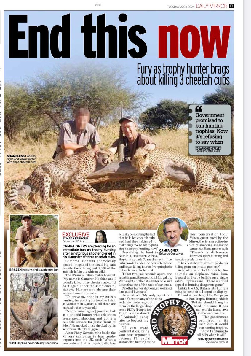 He killed Cheetah CUBS for a laugh

Then turned their skins into RUGS

Sick trophy hunter EXPOSED by <a href="/CBTHunting/">Campaign to Ban Trophy Hunting</a> 

Yet Britain STILL lets UK hunters kill cheetahs for ‘sport’ &amp; bring their sick trophies back…

<a href="/Keir_Starmer/">Keir Starmer</a> - END THIS NOW!

#BanTrophyHunting #GetTheBanDone