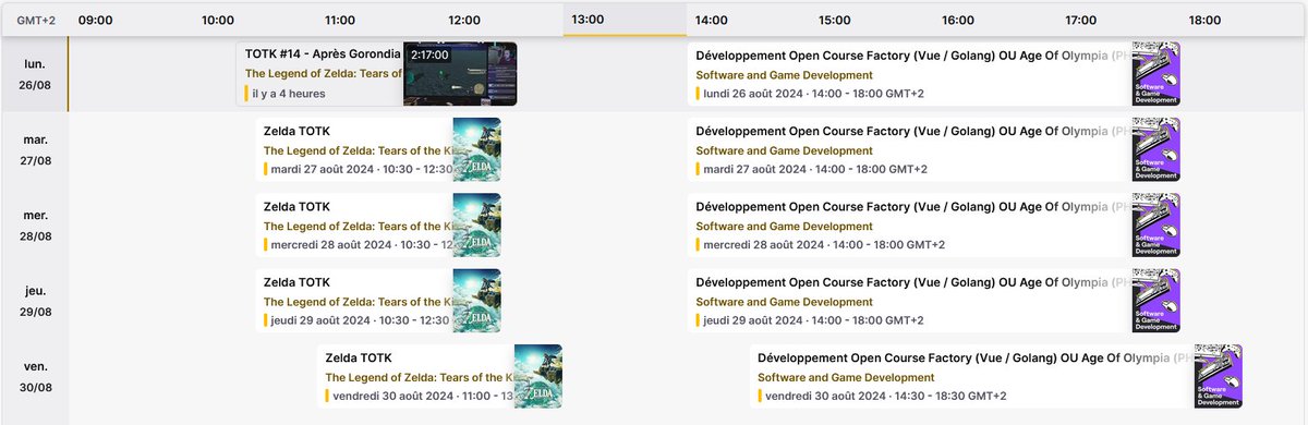 📹 Pour encore quelques jours le rythme #Twitch d'août continue ! (Spoiler, il débordera un peu en septembre avec plus de préparation de formations !)

⚔ Zelda le matin
👩‍💻 Dev l'après-midi

⏲ Rdv sur twitch.tv/qtgeekes

Planning ci-dessous + lien : twitch.tv/qtgeekes/sched…