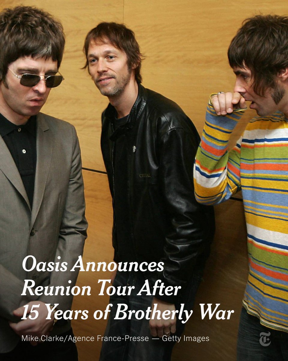 nytimes's tweet image. Oasis, the British band behind anthemic hits like “Wonderwall,” is reuniting and going on tour in 2025. nyti.ms/4cHEacM