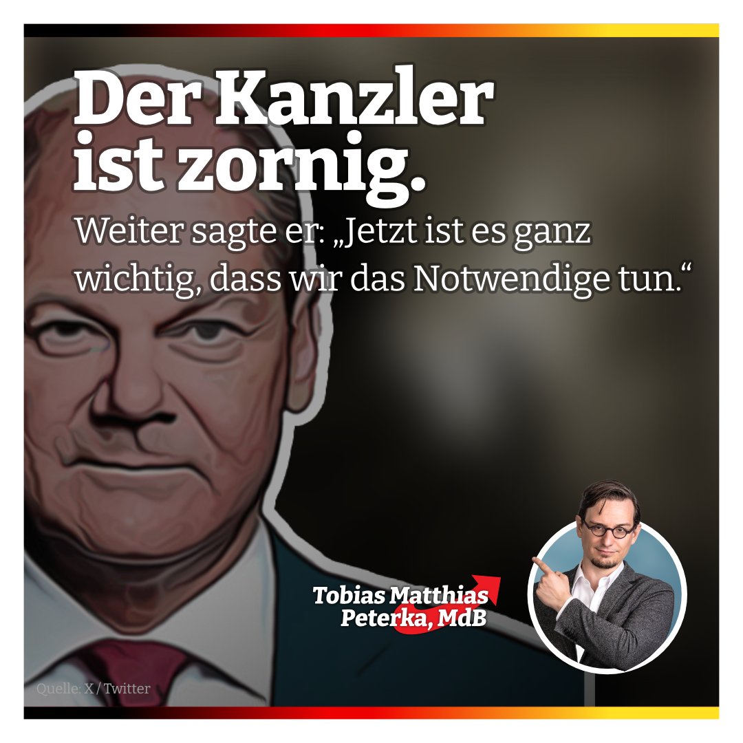 TobiasMPeterka's tweet image. Die Einzigen, die zornig sein dürften, sind die #Bürger. Basta. Und das „Notwendige tun“, das hätte man schon längst tun können. Die #Ampel aber hat daran gar kein Interesse.
Zeit für einen #Politikwechsel. Zeit für die #AfD.
BILD lmy.de/zornf