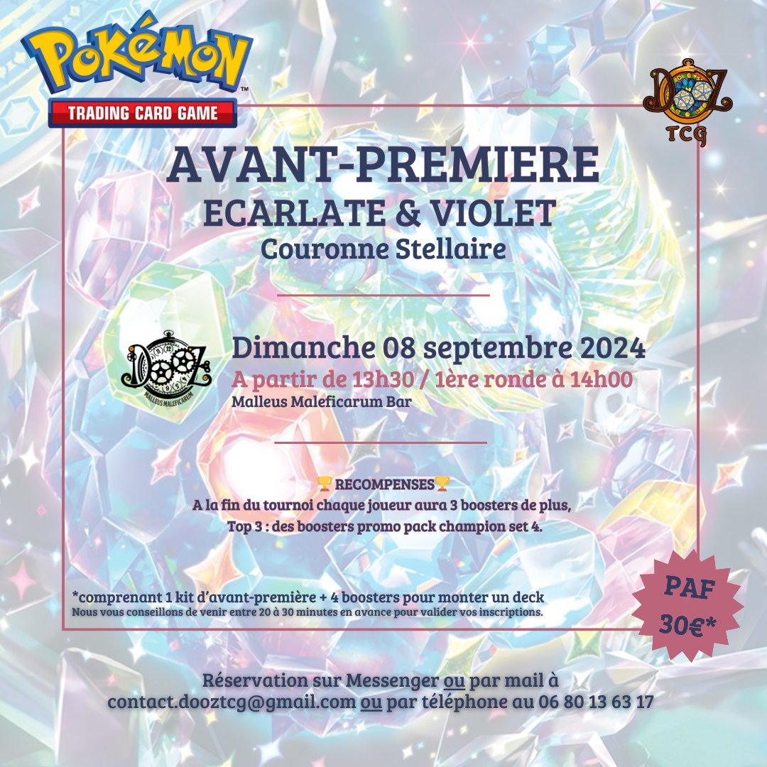 Nous vous proposons une avant-première épique avec Pokémon : Couronne Stellaire au Malleus Maleficarum Bar à 14h00. 🧢

🖊️ Envoyez-nous votre numéro de dresseur Pokémon, prénom, nom et adresse mail à contact.dooztcg@gmail.com

facebook.com/events/4921179…

#dooztcg #pokemon #tournoi
