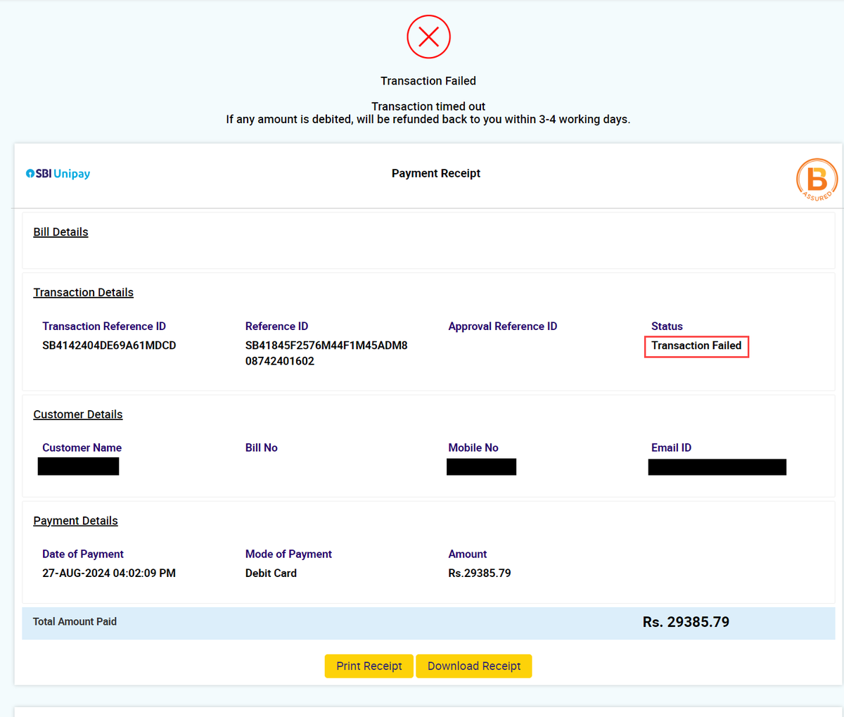 lohithtweetsX's tweet photo. Hi @TheOfficialSBI @BharatBillPay. I made a payment for my Credit Card using SBI Unipay on 27th Aug 2024, the amount has been debited but the transaction failed. Raised ticket also but there is no response. Can someone check and Refund my money for the failed transaction please!! https://t.co/2vPPEZtiPS