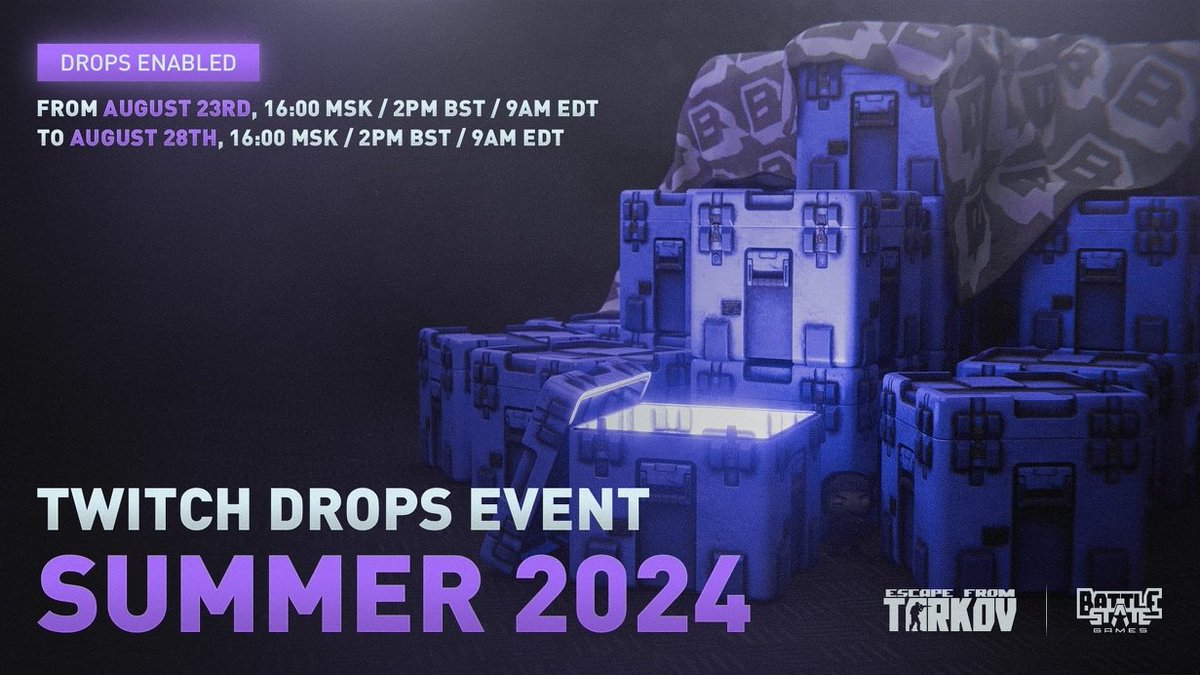 suparticus's tweet photo. ESCAPE FROM TARKOV exclusive drops with me on⬇️ 

12 Hours of drops! 27/08 - 14:00 BST 9am EDT- 02:00 BST 9pm EDT
27th Aug *Same times as above*
YOU DONT want to miss it! 

https://t.co/bd322mztbM

#twitch #battlestategames #twitchdrops #Drops #EscapefromTarkov @GamerSupps https://t.co/tAuPnNSWgl