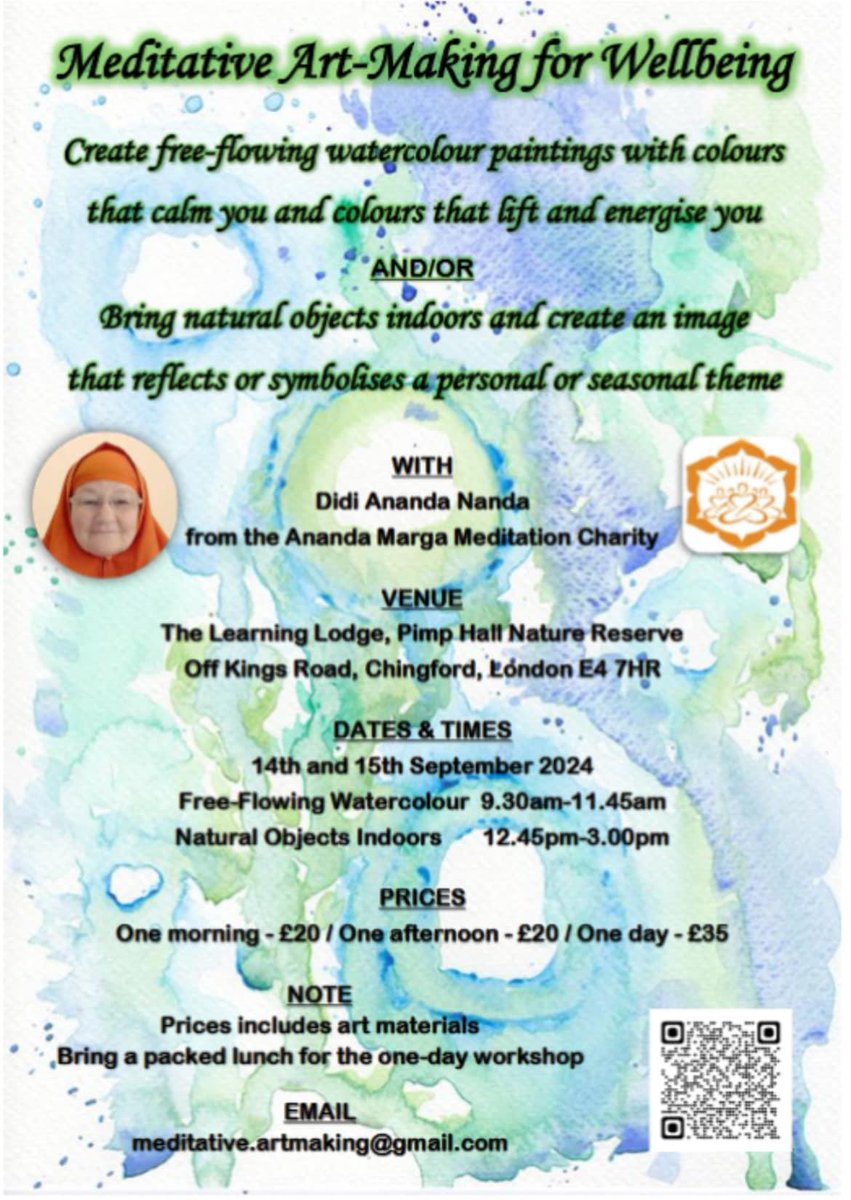 Join us for a weekend of meditative art-making - using watercolours at #PimpHallNatureReserve
Sat 14th to Sun 15th September.
Book here: anandamarga.org.uk/events/meditat…
VENUE: the Learning Lodge, Pimp Hall Nature Reserve, Off Kings Road, Chingford, London