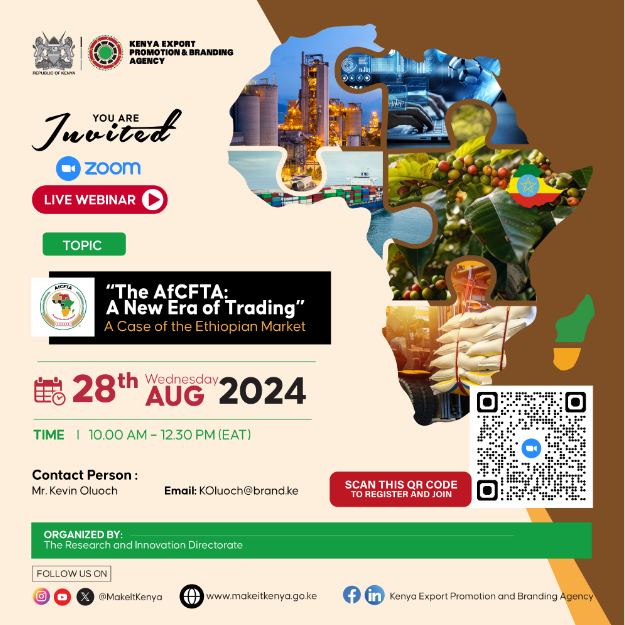 k254NairobiNews's tweet photo. #AFCFTA is the Change Maker!
Kenya's Export Promotions and Branding Agency #KEPROBA to host a webinar this Wednesday,28th August 2024...from 1000hrs to 1230Hrs E.A.T

Register Via: https://t.co/Ldgxb50WJ5

About AFCFTA:
African Continental Free Trade Area is the world's largest https://t.co/IECu6we9yK