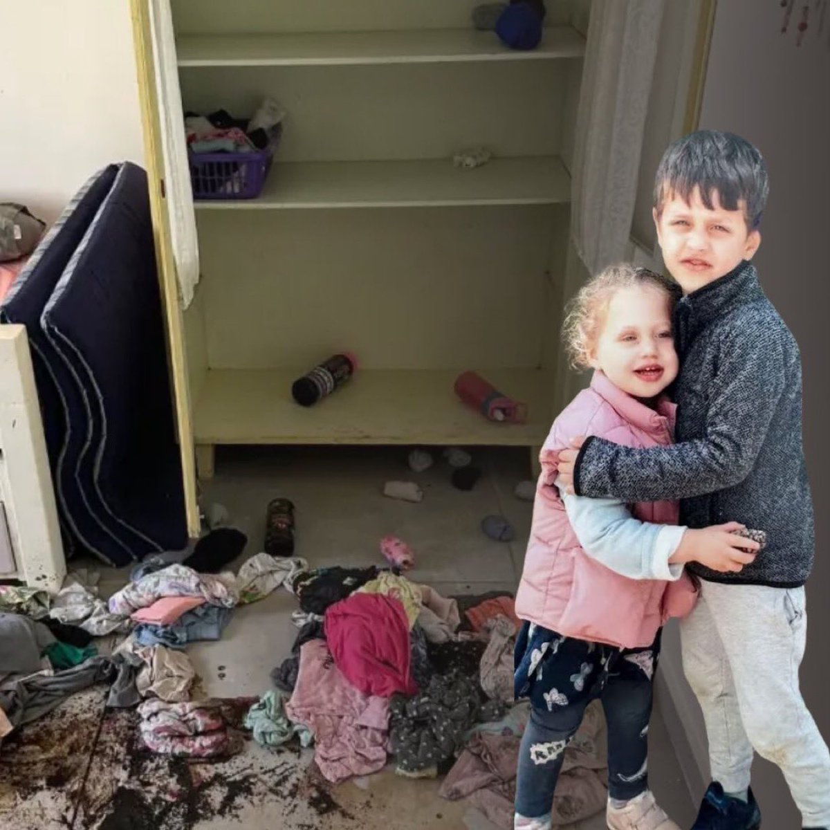 Israel's tweet image. Michael and Amalia, ages 9 and 6, hid in this closet for 14 hours while Hamas terrorists murdered their parents and kidnapped their 3-year-old sister.

Never forget how this war began. 

Never forget the monsters who did this.