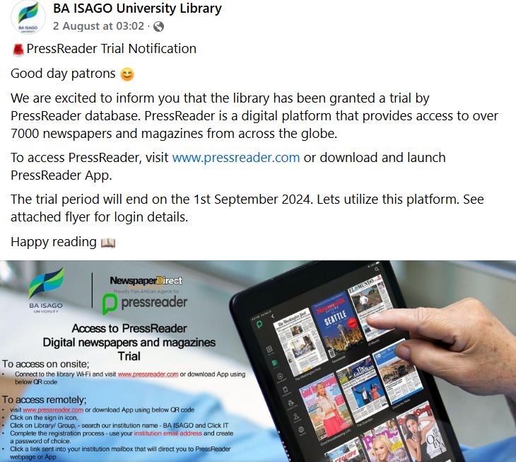 News hot off the Press! <a href="/BAISAGO/">BA ISAGO University</a> Uni is trialling <a href="/PressReader/">PressReader</a> ....students and staff can access 7000+ digital publications both on and offline <a href="/PURCOSA/">PURCO SA</a>