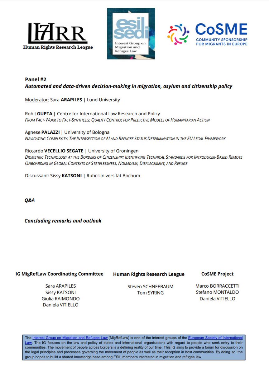 ESIL MigRefLaw group (@ig_migreflaw) on Twitter photo Join us in Vilnius on 4 September. We are looking forward to our Workshop at <a href="/ESIL2024Vilnius/">@ESIL2024Vilnius</a>, organised with <a href="/hrrleague/">Human Rights Research League</a> & CoSME Project, part of <a href="/esil_sedi/">ESIL-SEDI</a> annual conference. Final programme is out 👇🏼 Online registration still open esil2024vilnius.lt/registration/ Join us in Vilnius on 4 September. We are looking forward to our Workshop at <a href="/ESIL2024Vilnius/">@ESIL2024Vilnius</a>, organised with <a href="/hrrleague/">Human Rights Research League</a> & CoSME Project, part of <a href="/esil_sedi/">ESIL-SEDI</a> annual conference. Final programme is out 👇🏼 Online registration still open esil2024vilnius.lt/registration/