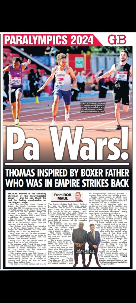 Thomas Young is the sprinting showman of the ParalympicsGB squad. He can thank his dad for feeling comfortable on the biggest stage. Dad Robert is an ex-pro boxer who fought 25 times &amp; sparred w/ Frank Bruno. Was also an extra in a Star Wars film &amp; Tim Burton’s 1989 Batman movie