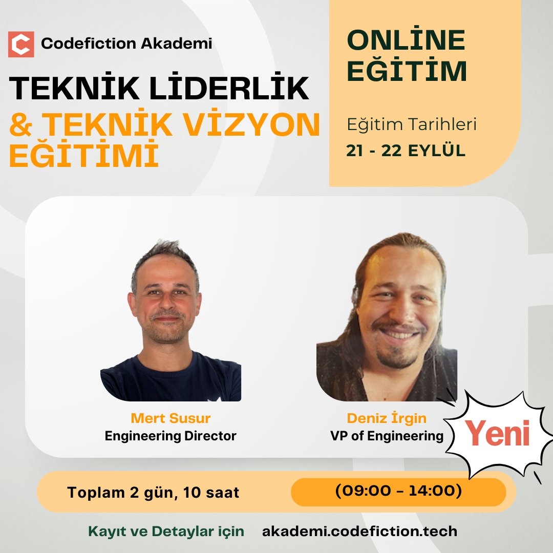 Yazılımcı olarak kariyerinizde sonraki adımı arıyorsanız, ya da zaten liderlik yapıyorsanız ve ilerlemek istiyorsanız kaçırmamanız gereken bir eğitim.

1 Eylüle kadar indirimli kayıt olmak için "AUG5K" kodunu kullanabilirsiniz!

Detaylar: akademi.codefiction.tech