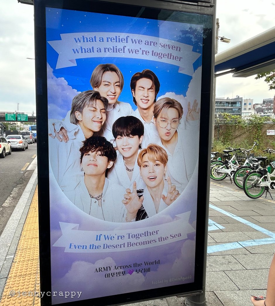 mhereonlyforbts's tweet photo. LOOK THIS OTHER ADS OF SUPPORT FOR  BTS AND YOONGI IN FRONT OF HYBE OMG🥺:

💜:what a relief we are seven,what a relief we are together 
💜:if we're together even the desert becomes sea

WE LOVE YOU YOONGI
#BTSisSeven
#BesideSUGA
#ItsGonnaBeAlright
#YoongiNeverWalksAlone
#WhatAReliefWeAreTogether 
@DataAgustD