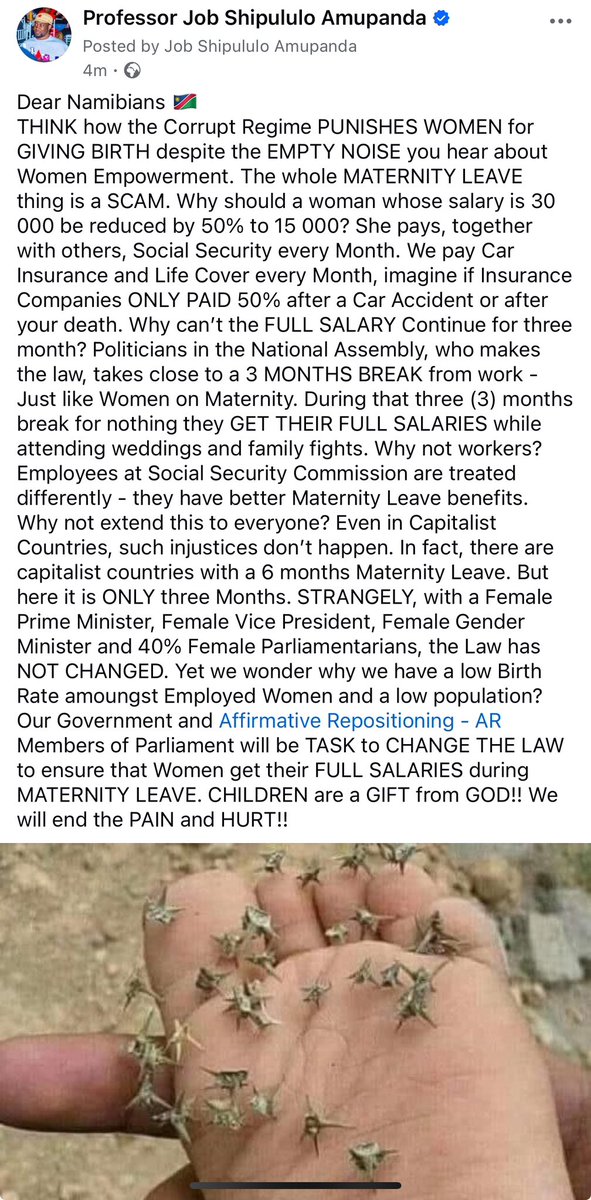 Dear Namibians 🇳🇦
THINK how the Corrupt Regime PUNISHES WOMEN for GIVING BIRTH despite the EMPTY NOISE you hear about Women Empowerment. The whole MATERNITY LEAVE thing is a SCAM. Why should a woman whose salary is 30 000 be reduced by 50% to 15 000? Read 👇🏿👇🏿👇🏿