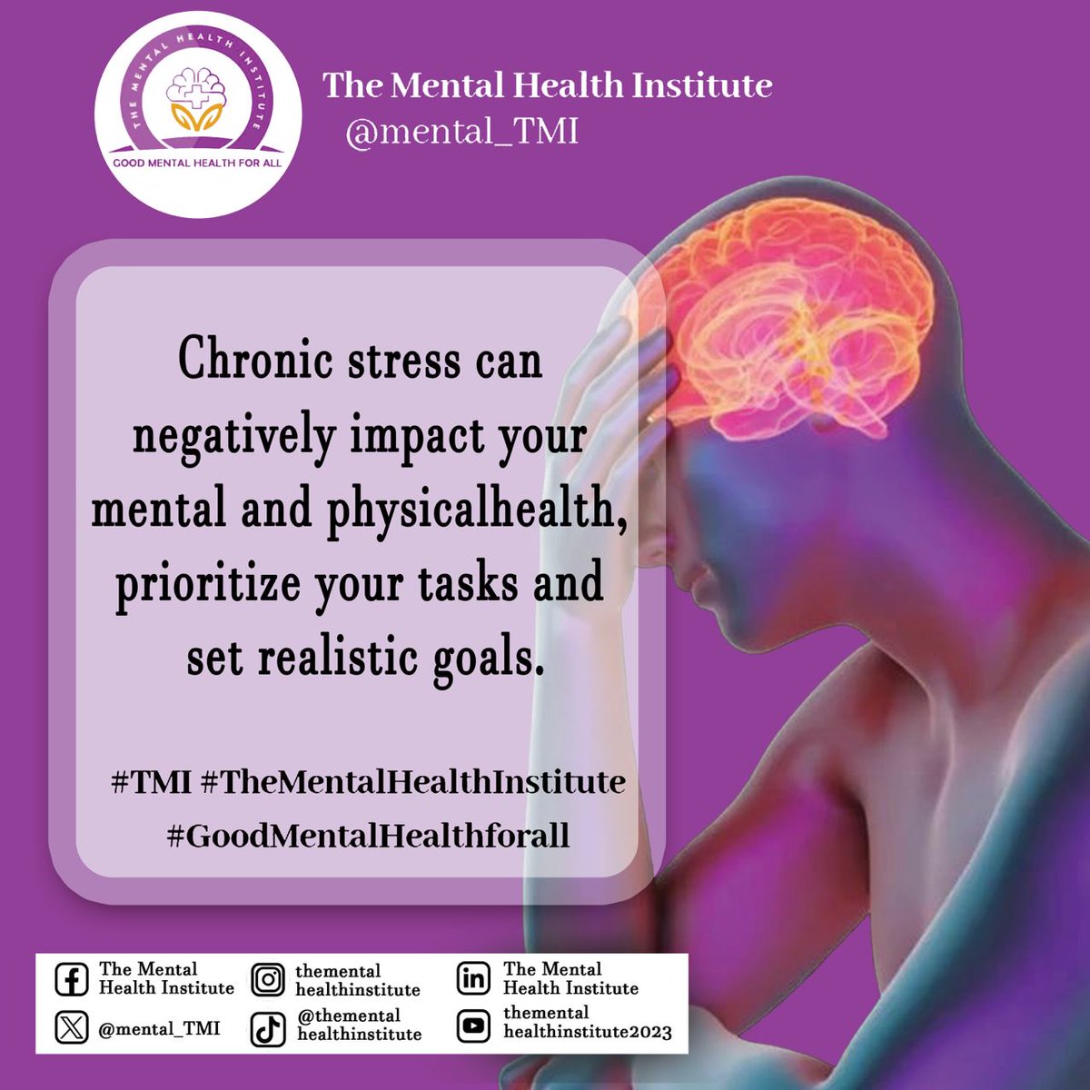 Effective stress management techniques include time management, exercise, relaxation techniques, and hobbies.

Prioritize your tasks and set realistic goals.
Incorporate physical activity into your daily routine.

#TMI #GOODMENTALHEALTHFORALL #MENTALHEALTH