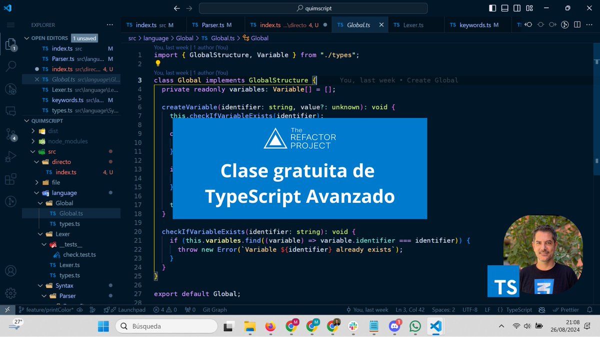 refactorproject's tweet image. Mañana hacemos una clase gratuita de TypeScript Avanzado, ¡apúntate!
Será en Twitch, mañana miércoles 28 a las 19h hora peninsular española.
twitch.tv/therefactorpro…