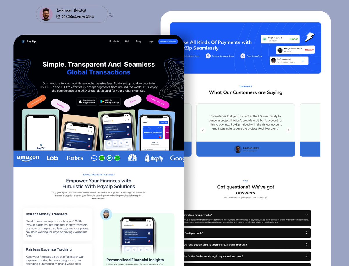 Olabodedesigns's tweet photo. Day 27 of 31-Day Design Challenge: PayZip website design, a fintech platform 💳. Your honest feedback ? 

#UIUXDesign #FintechWebsite #PayZip #WebDesign #UserExperience #FintechDesign https://t.co/mL7UdcE6kL