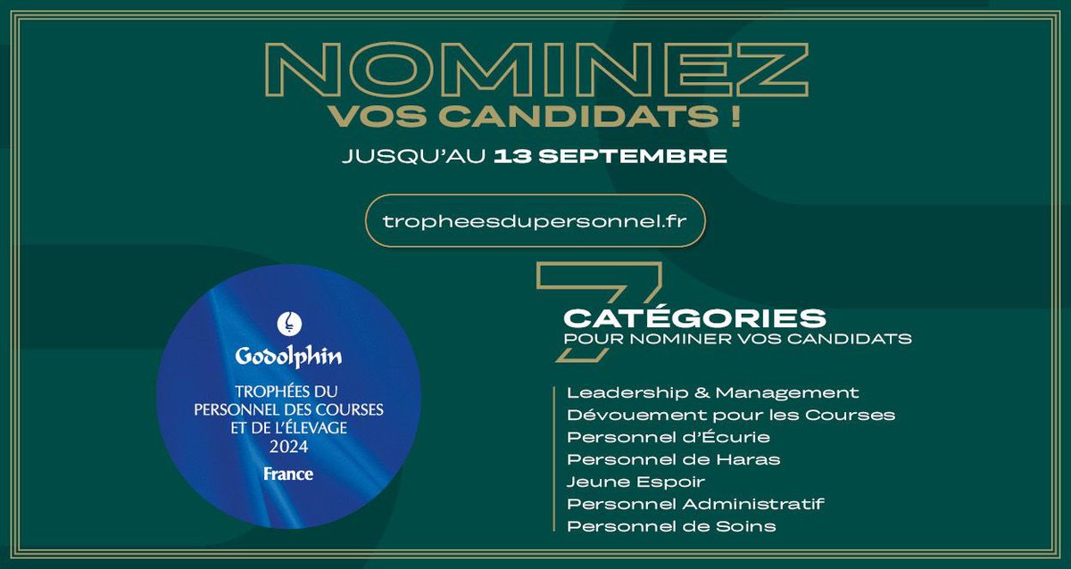 AEDG_fr's tweet photo. 🤝 TROPHÉES DU PERSONNEL🏆
L’AEDG est partenaire des #TPCE @godolphin @francegalop
⚠️ Entraîneurs, récompensez vos talents en envoyant leurs dossiers
➡️ Nominez vos candidats jusqu’au 13/09/2024 aux trophées du personnel
#tpce 🏆
https://t.co/OgkSf5WLV5 https://t.co/PjmyfeSbbs