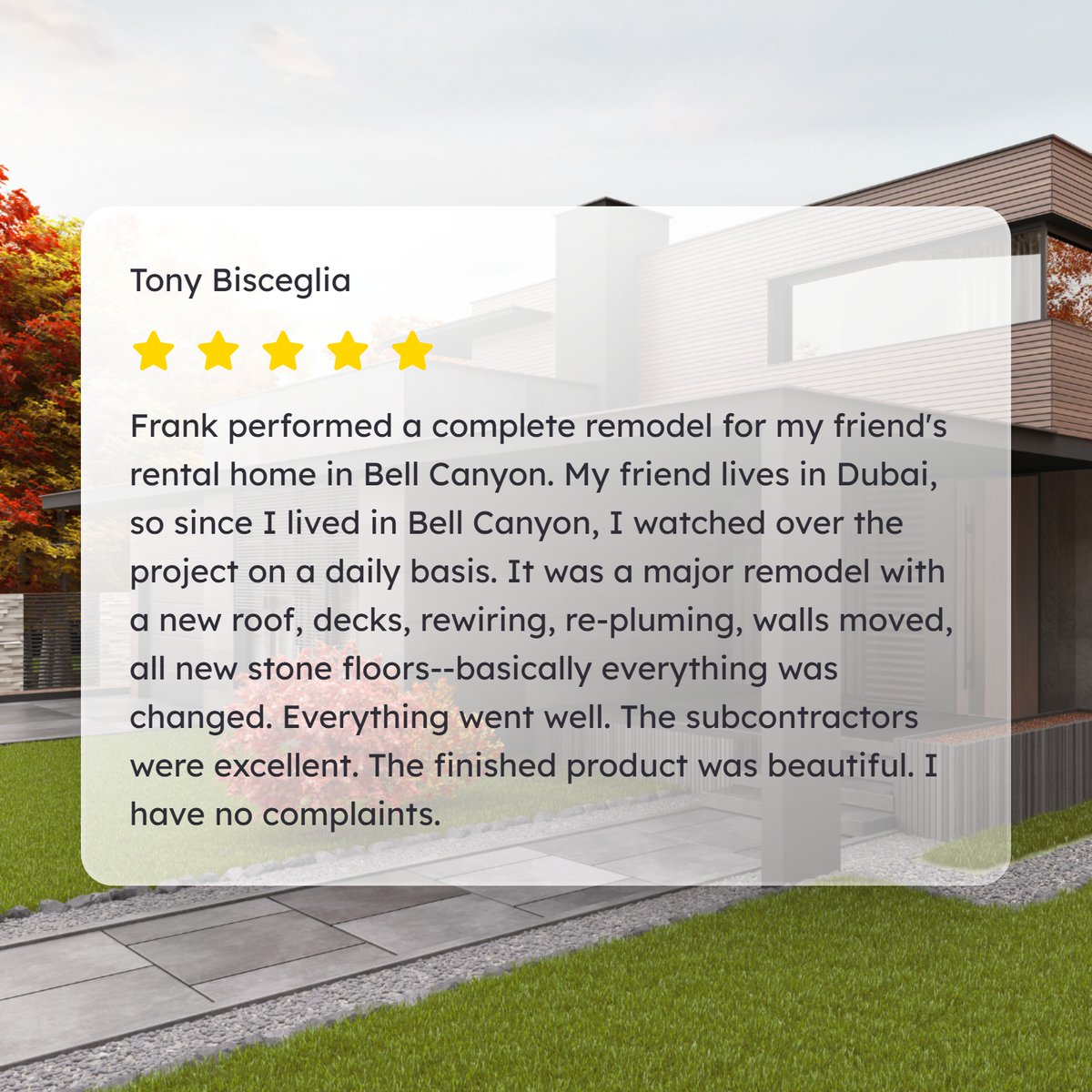 econstructinc's tweet image. 🌟 Client Testimonial Spotlight 🌟
We are thrilled to share this wonderful review from Tony Bisceglia, who closely watched over our work on a complete remodel in Bell Canyon. 🏠✨

#ClientFeedback #BellCanyonRemodel #econstruct #CustomerSatisfaction #HomeRemodeling