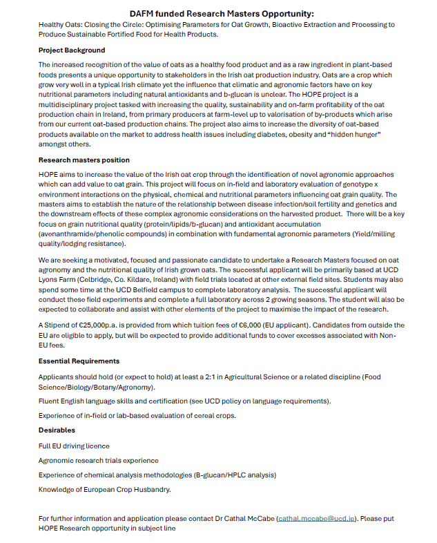 Cathal Mc Cabe (@cathalmc1993) on Twitter photo Research masters opportunity in Oat Agronomy and Quality based at UCD Lyons Farm. Get in touch if interested!
<a href="/ucdagfood/">UCD School Ag & Food</a> <a href="/ucdlyonsfarm/">UCD Lyons Farm</a> Research masters opportunity in Oat Agronomy and Quality based at UCD Lyons Farm. Get in touch if interested!
<a href="/ucdagfood/">UCD School Ag & Food</a> <a href="/ucdlyonsfarm/">UCD Lyons Farm</a>