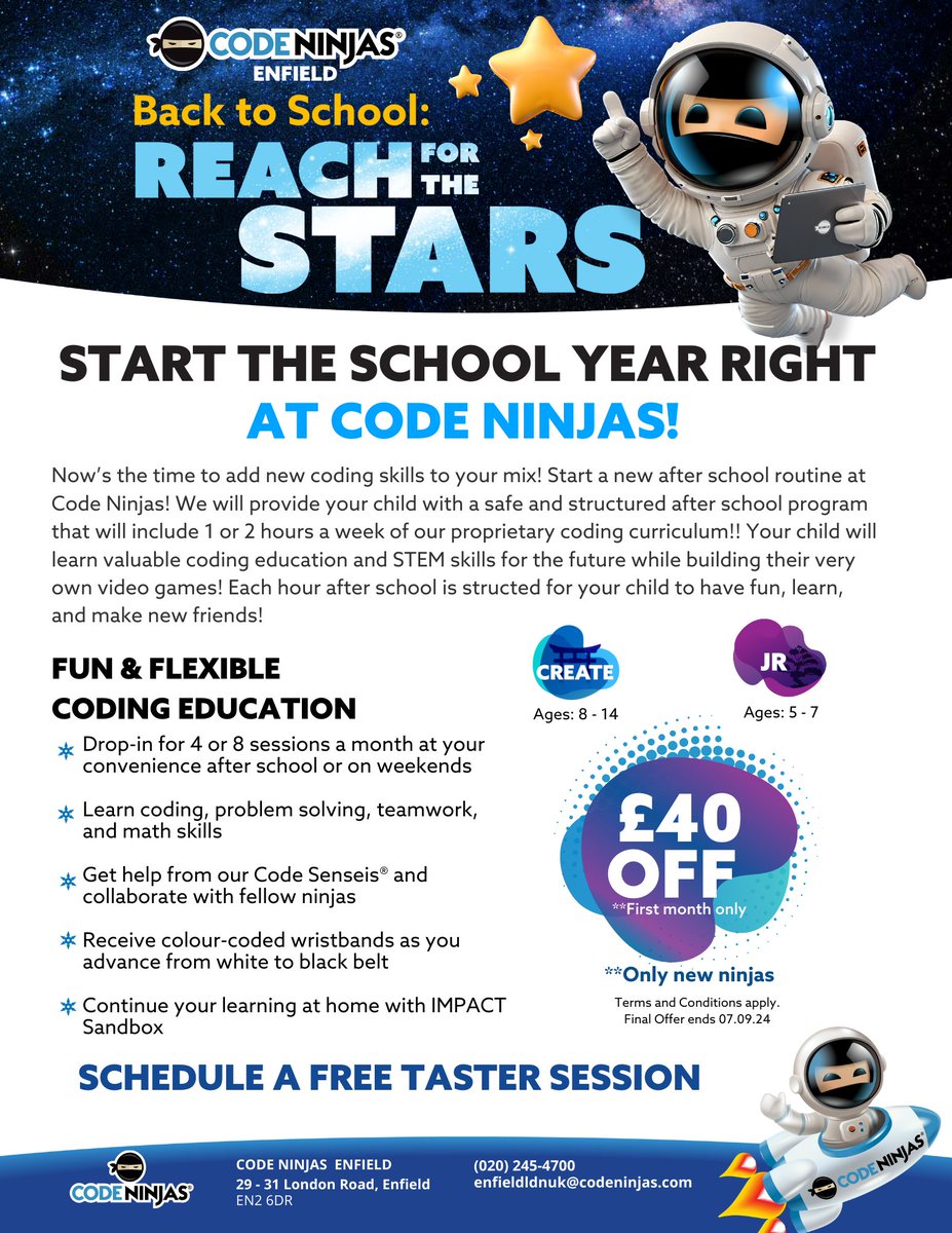 👍Become a Codeninja This School Year👍

There are many benefits to children learning to code:
- Improves brain function
- Develops concentration levels
- Develops problem solving skills
- Enhance logical thinking
- Fosters creativity

This is... started.codeninjas.co.uk/enfield-london…