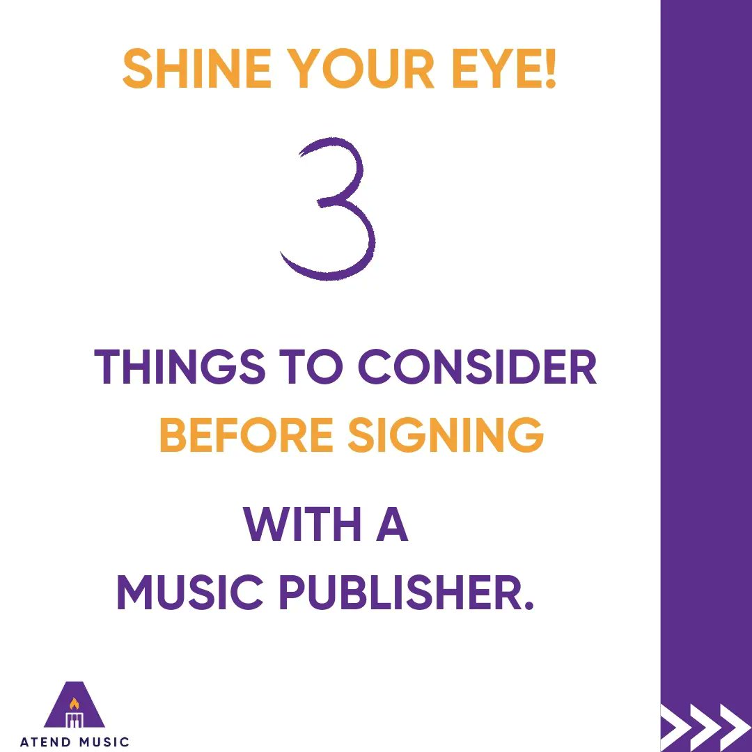 AtendMusicPub's tweet photo. 3 things you should look out for before signing that publishing deal.

1. The type of publisher.
2. The duration of the contract.
3. Rights ownership.

#musicpublisher #music #musicbusiness
#atendmusicpublishing #nigerianmusic #nigerianmusicindustry https://t.co/rx0WkAOrBv