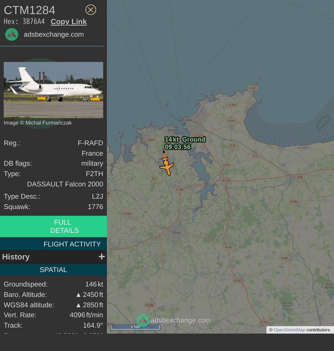 FlottePresident's tweet photo. 🛫 Un Dassault Falcon 2000LX 🇫🇷 République Française vient de décoller près de Dinard/Pleurtuit/Saint-Malo, France.
Vol #CTM1284, immatriculation #FRAFD.
Suivre le vol : https://t.co/bYrQZfyDLw https://t.co/QWRbYkLgPk