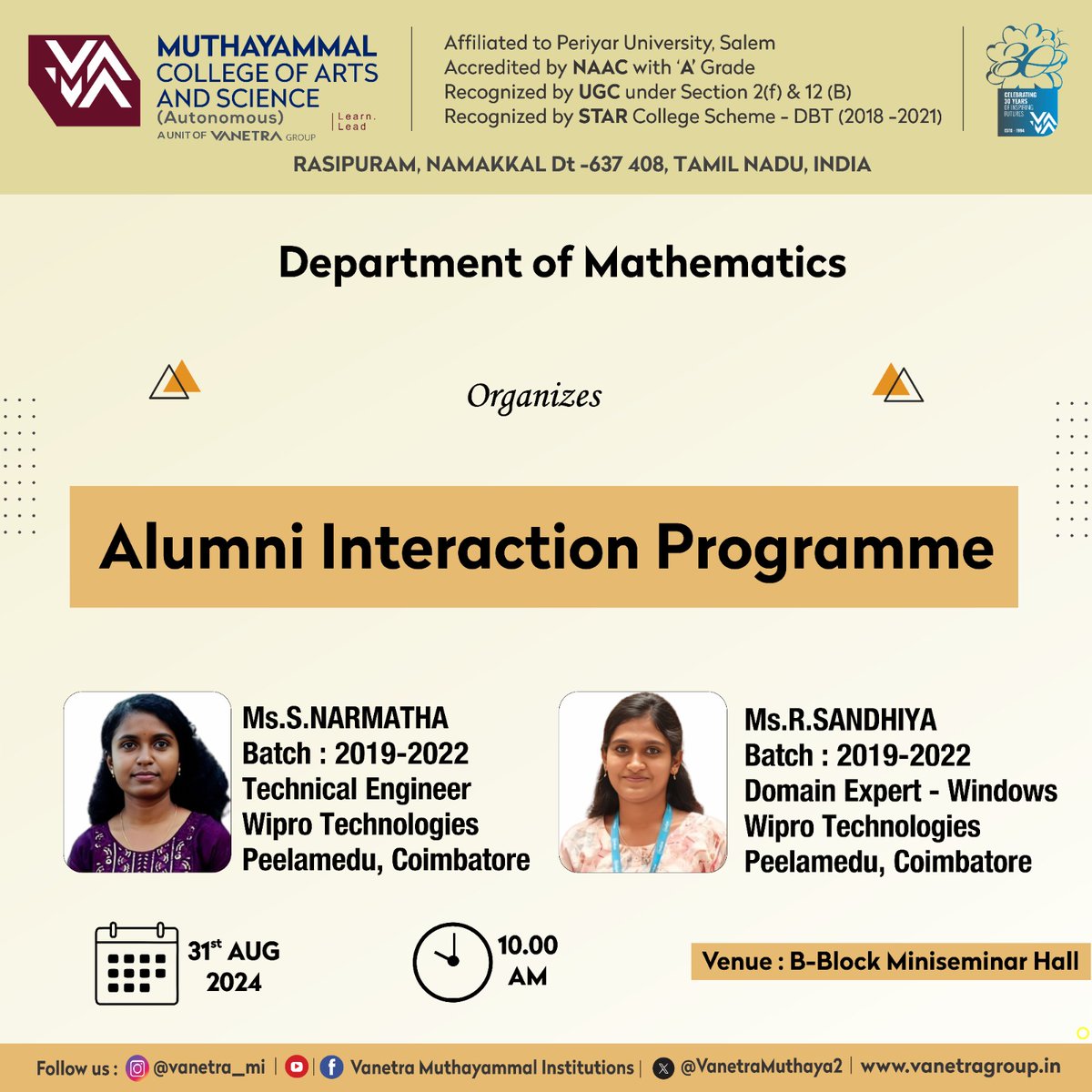 VanetraMuthaya2's tweet image. 📊 Alumni Interaction Organized by the Department of Mathematics 🎓

On 31.08.24, the Dept. of Mathematics is hosting an Alumni Interaction. This event will provide current students with invaluable insights and experiences from our esteemed alumni

#AlumniInteraction #maths