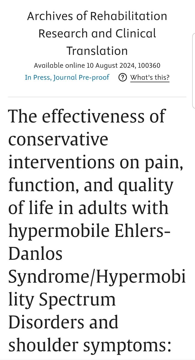 Shoulder symptoms in hEDS/HSD are common yet significant gaps in knowledge remain.

This NEW paper reviews what we currently know about non-surgical interventions like exercise, taping and compression garments. 

sciencedirect.com/science/articl…

First publication for <a href="/higo_anna/">Anna Higo</a>'s PhD 👏