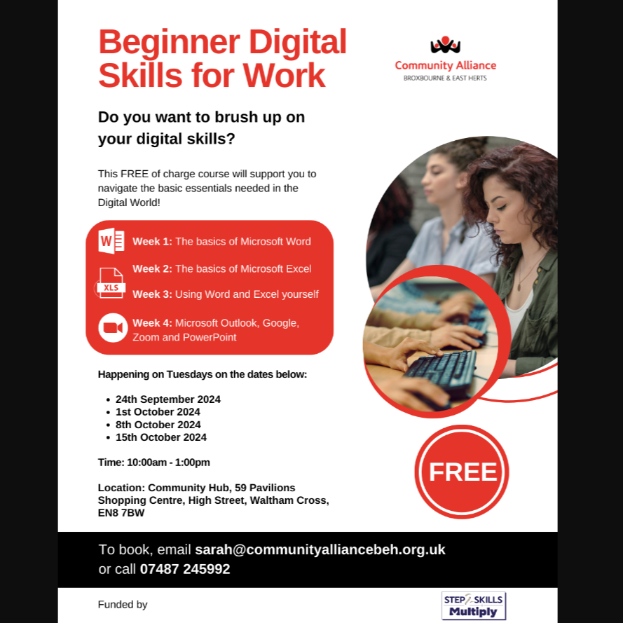 Broxbourne Alliance PCN (@broxalliancepcn) on Twitter photo Beginner Digital Skills for Work💻 Ready to enhance your digital skills for the workplace? Whether you’re new to Microsoft Word, Excel, Zoom, Outlook, or Google, we’ve got you covered, Sign up for FREE 💻
📍 Community Hub, High Street, Waltham Cross @Step2Skills <a href="/communityABEH/">Community Alliance Broxbourne & East Herts</a> Beginner Digital Skills for Work💻 Ready to enhance your digital skills for the workplace? Whether you’re new to Microsoft Word, Excel, Zoom, Outlook, or Google, we’ve got you covered, Sign up for FREE 💻
📍 Community Hub, High Street, Waltham Cross @Step2Skills <a href="/communityABEH/">Community Alliance Broxbourne & East Herts</a>