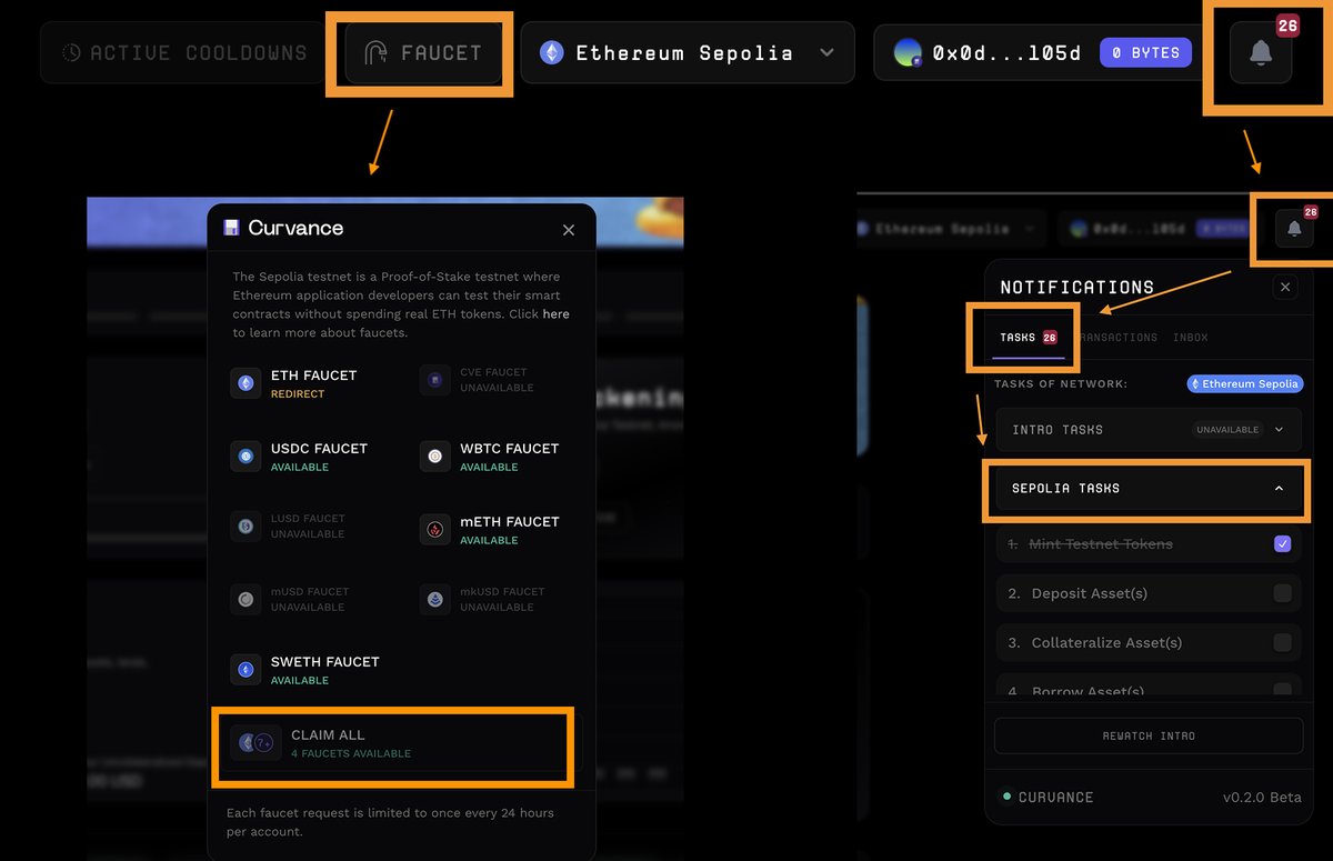 近期上线的3个激励测试网交互🪂】 1⃣️Curvance 🔸融资360w美元的模块化流动性管理协议@Curvance上线激励测试网。  🔸用户通过完成任务、提供反馈以赚取Bytes（公共测试用户最多可收集300Bytes）  ⤷导航至测试网：https://t.co/UBXGioKF5A ⤷右上角的栏目里，有水龙头和 ...