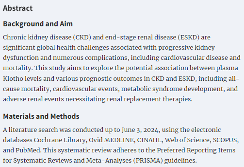 CKJsocial's tweet image. The association between Klotho and kidney and cardiovascular outcomes

doi.org/10.1093/ckj/sf…

Lower serum Klotho levels serve as a significant predictor of adverse outcomes, including increased risks of all-cause mortality, CV mortality &amp;amp; progression to ESKD among CKD patients