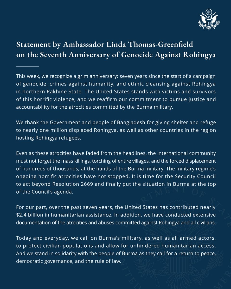 U.S. Asia Pacific Media Hub (@easiamediahub) on Twitter photo .<a href="/USAmbUN/">U.S. Ambassador to the United Nations</a>: The international community must not forget the Burma military’s atrocities against Rohingya. The military regime’s horrific atrocities have not stopped, and it is past time for the Security Council to act beyond resolution 2669.
usun.usmission.gov/statement-by-a… .<a href="/USAmbUN/">U.S. Ambassador to the United Nations</a>: The international community must not forget the Burma military’s atrocities against Rohingya. The military regime’s horrific atrocities have not stopped, and it is past time for the Security Council to act beyond resolution 2669.
usun.usmission.gov/statement-by-a…