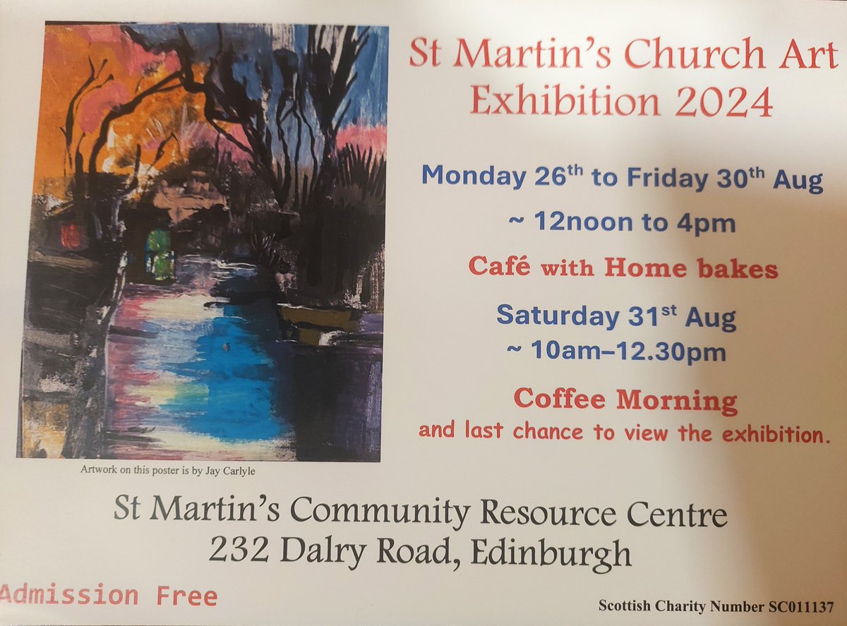 Gorgie Collective (@gorgiearts) on Twitter photo St Martin's Art Exhibition on Dalry Road is now OPEN featuring beautiful artworks by mikespringarts.co.uk, <a href="/garvaldwoodwork/">Garvald Woodworkers</a> and more!
Catch this #free community exhibition in Dalry all this week, Mon-Fri 12-4pm + Sat 10-12.30pm💜🎨
#GorgieDalry #community #art #exhibition St Martin's Art Exhibition on Dalry Road is now OPEN featuring beautiful artworks by mikespringarts.co.uk, <a href="/garvaldwoodwork/">Garvald Woodworkers</a> and more!
Catch this #free community exhibition in Dalry all this week, Mon-Fri 12-4pm + Sat 10-12.30pm💜🎨
#GorgieDalry #community #art #exhibition