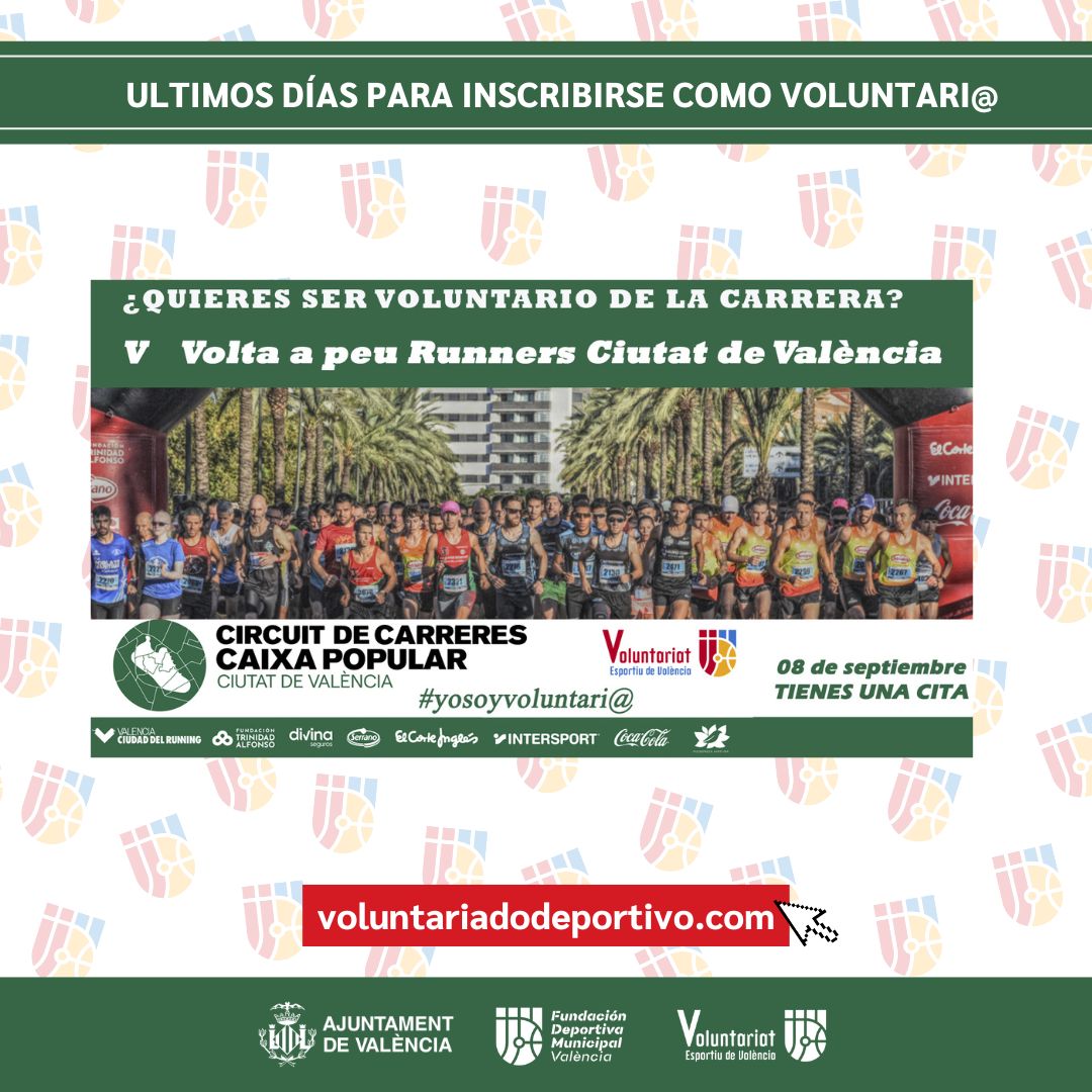 ¡Inscríbete para ser voluntario en la V Volta a Peu Runners Ciutat de València el 8/9! Ayúdanos a hacer de esta carrera un éxito. No importa si eres experto o es tu primera vez, ¡todos son bienvenidos! Más información en nuestro sitio web. #Voluntariado #RunnersValencia"