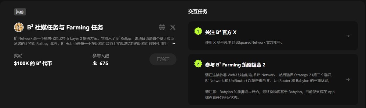 🦴还是老规矩，我们进入okx web3钱包的CP，23期，有四个任务，可以先关注四个项目方：

@babylonlabs_io 
@BSquaredNetwork 
@ChakraChain 
@Bedrock_DeFi 

🦴B² 社媒任务与 Farming 任务

①链接欧易 Web3 钱包选择 B2 Network
②下滑找到第二个交互池B2Network和 UniRouter
③存入BTC（并无显示最低要求）

完成任务后验证即可

🦴Chakra 预质押任务

🔶在Chakra内存入至少0.0001BTC
每存入0.0001BTC，即可每日获得1个Chakra Prana(基于质押池内实际存入的金额)

🦴Bedrock 持有 uniBTC 任务

🔶在 Optimism 网络上持有 10 USD 等值的 uniBTC
链接是使用WBTC认购，在OP链上换出至少10U的WBTC
进入任务页面将WBTC存入

完成后记得验证参与抽奖👏

做完了吗？做完点赞，破100听我继续给你讲来。