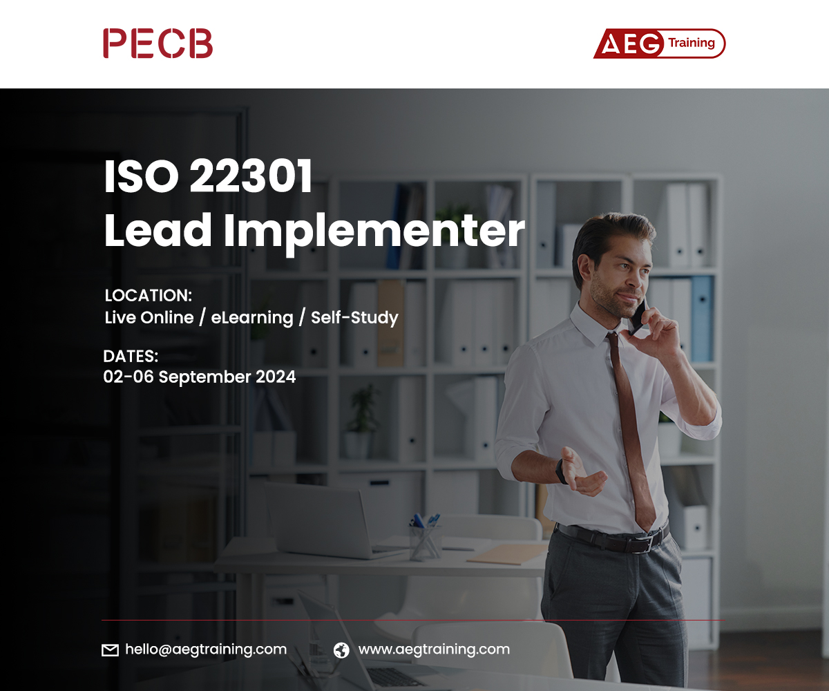 PECB (@pecb) on Twitter photo Join our partner AEG Training on their upcoming ISO 22301 Lead Implementer training course.
For additional information please contact hello@aegtraining.com Join our partner AEG Training on their upcoming ISO 22301 Lead Implementer training course.
For additional information please contact hello@aegtraining.com