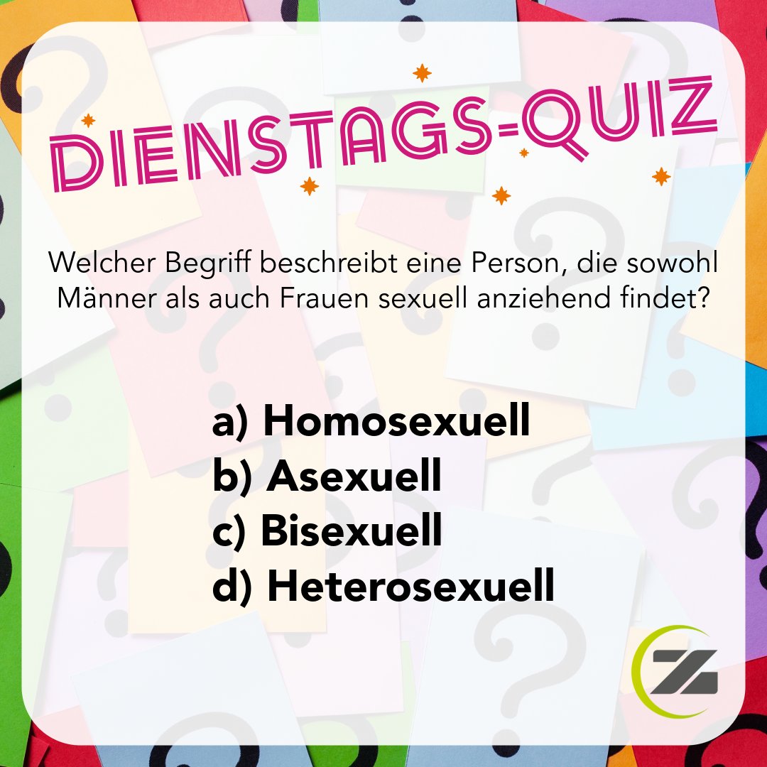 ZfSGmd's tweet photo. 🎉 Dienstags-Quiz!

Welcher Begriff beschreibt eine Person, die sowohl Männer als auch Frauen sexuell anziehend findet?

a) Homosexuell
b) Asexuell
c) Bisexuell
d) Heterosexuell

---

👉🏼 Lösung von letzter Woche: Podophilie, Antwort C https://t.co/mJ7bUp7mhI
