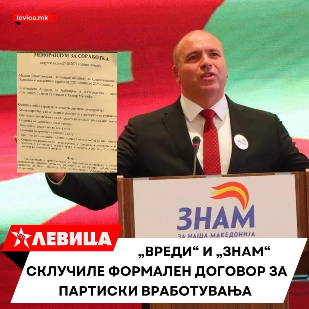 Деновиве е обелоденет скандалозен документ дека Максим Димитриевски, како градоначалник на Куманово, склучил Меморандум за соработка со 
Алијанса за Албанците и Алтернатива за вработувања.

Членови на овие партии добиваат 30% учество во општинските установи и јавни претпријатија.
