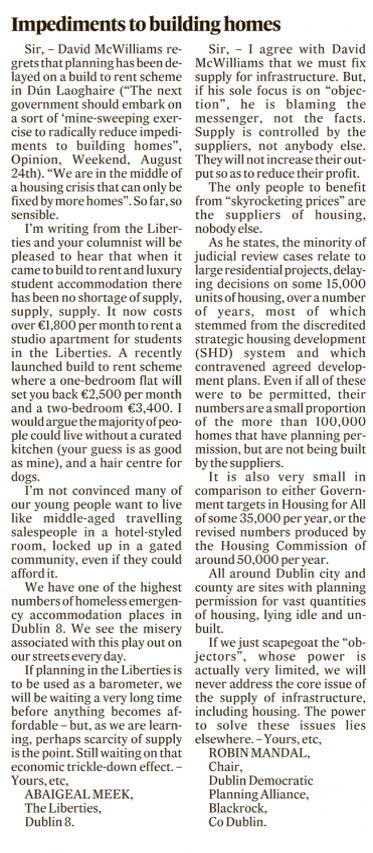 melreynolds (@maoiliosarey) on Twitter photo “if planning in the Liberties is to he used as a barometer, we will be waiting a very ling time before anything becomes affordable.. still waiting on that.. trickle down effect.. “
good letters on Housing here in today’s <a href="/IrishTimes/">The Irish Times</a> “if planning in the Liberties is to he used as a barometer, we will be waiting a very ling time before anything becomes affordable.. still waiting on that.. trickle down effect.. “
good letters on Housing here in today’s <a href="/IrishTimes/">The Irish Times</a>