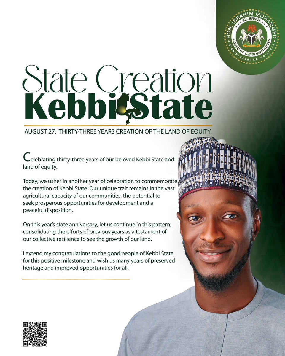 IbrahimBelloMo's tweet photo. I extend my congratulations to the good people of Kebbi State for this positive milestone and wish us many years of preserved heritage and improved opportunities for all. #KebbiStateAt33 https://t.co/IEID4wQeJc