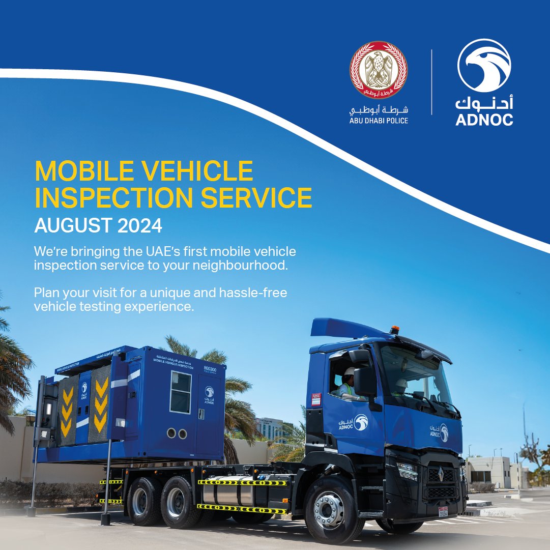 ADNOCdist's tweet image. Experience the future of vehicle inspection as we bring UAE’s first Mobile Vehicle Inspection service to your neighbourhood.
Don’t miss out! Be one of the first to experience this unique and innovative service.

#ADNOCDistribution #VehicleInspection #VIC